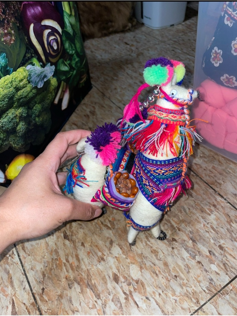 Handmade Peruvian Wool Llama with Colorful Pom-Poms - Picture 3 of 5